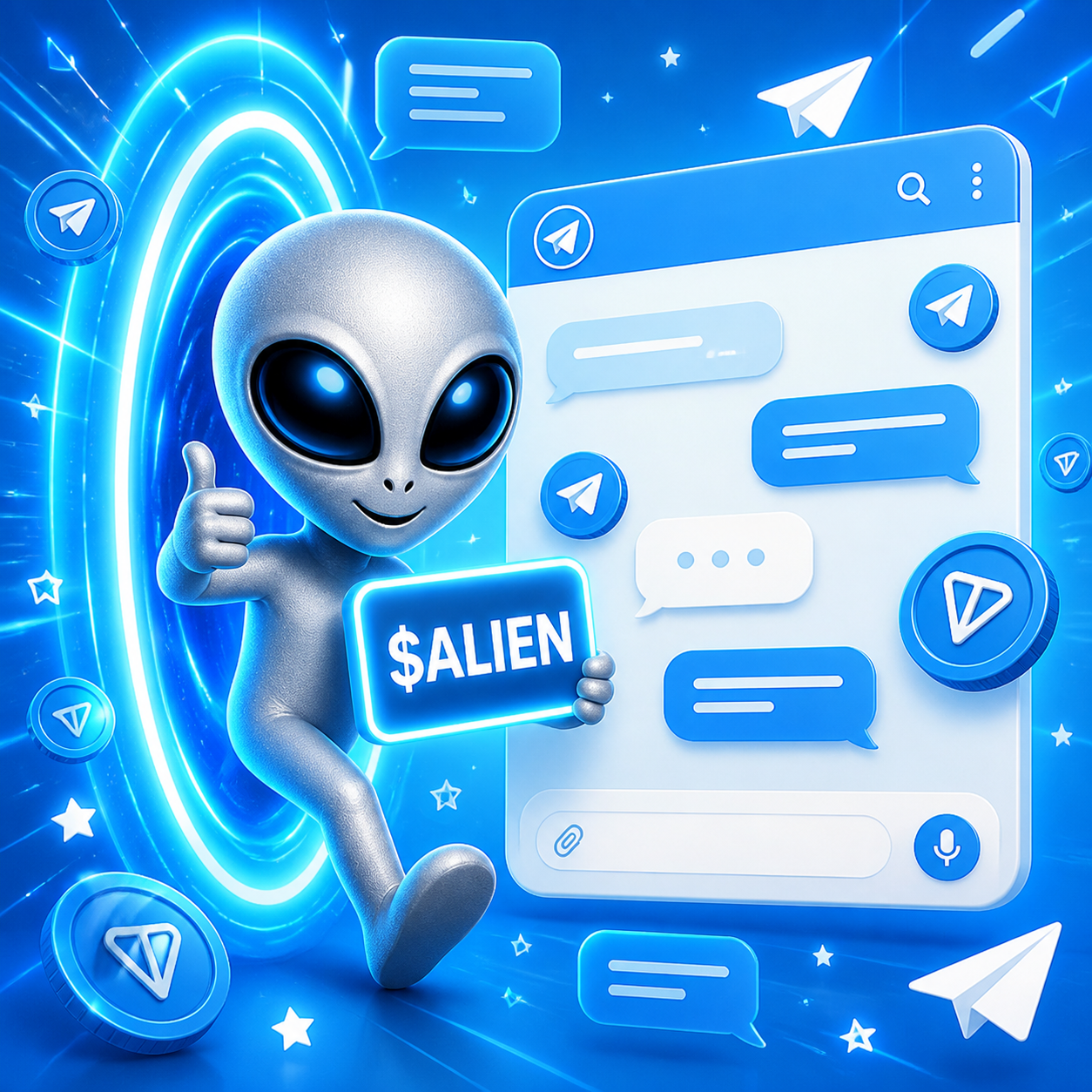 Alien entering a TON-blue Telegram portal